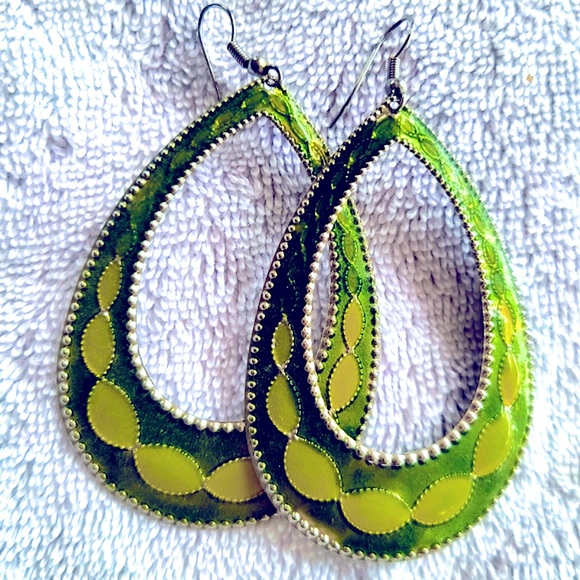 Jewelry - Green and Silver Layered Metal Teardrop Earrings